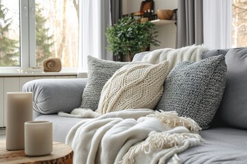Grey couch with blanket.