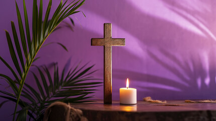 Wooden cross, candle and palm leaves on purple background