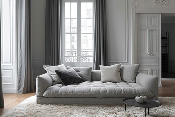 Grey interior with stylish upholstered sofa.