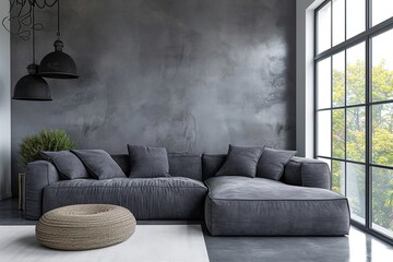 Grey interior with stylish upholstered sofa.