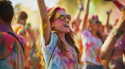 Happy young woman having fun and dancing in crowd at Holi festival of colors, summer party or music festival