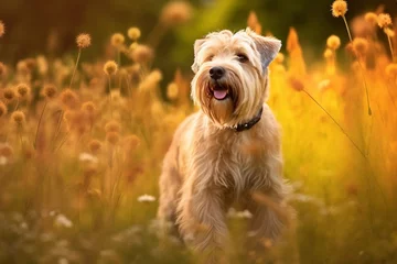 Papier Peint photo Prairie, marais Soft coated wheaten terrier dog standing in meadow field surrounded by vibrant wildflowers and grass on sunny day ai generated