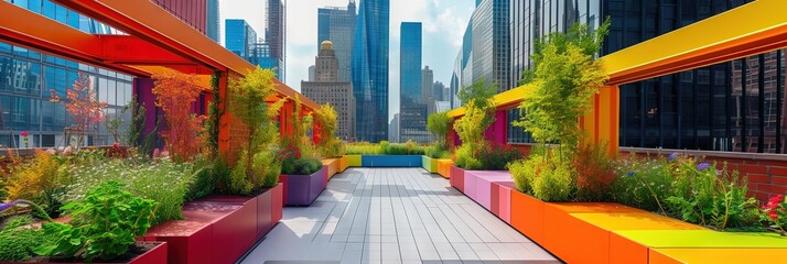 Rooftop garden with colorful plants and city skyscrapers in the background