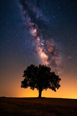 Fototapeta na wymiar A stunning display of the Milky Way galaxy over a solitary tree in a dark field.