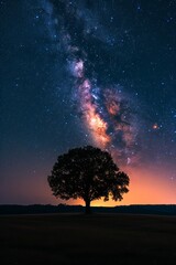 A stunning display of the Milky Way galaxy over a solitary tree in a dark field.