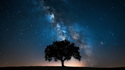 A lone tree illuminated by a starry sky, with a warm glow on the horizon.