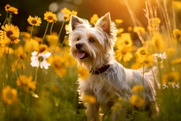 Papier Peint photo Lavable Prairie, marais Biewer terrier dog standing in meadow field surrounded by vibrant wildflowers and grass on sunny day ai generated