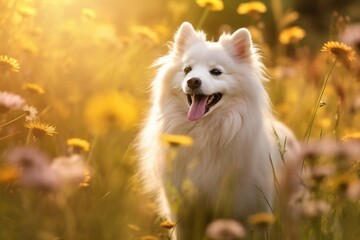 American eskimo dog sitting in meadow field surrounded by vibrant wildflowers and grass on sunny day AI Generated - obrazy, fototapety, plakaty