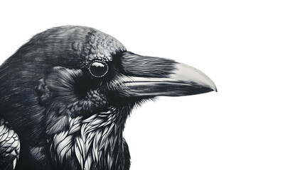 Close-up drawing of raven head isolated on transparent background - obrazy, fototapety, plakaty