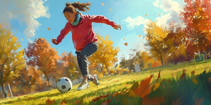 Soccer mom concept with young woman playing soccer on the field