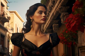 Palma de Mallorca's iconic locations provide the backdrop for an elegant girl, resembling Eva Green, radiating joy and confidence in a 4K cinematic portrait captured from below.