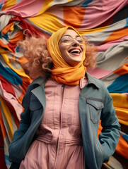 Obraz na płótnie Canvas modern colorful stylish outfit photoshoot of a muslim hijab woman in dynamic shot happy and positive for modest trendy arab women fashion as wide banner with copysapce 