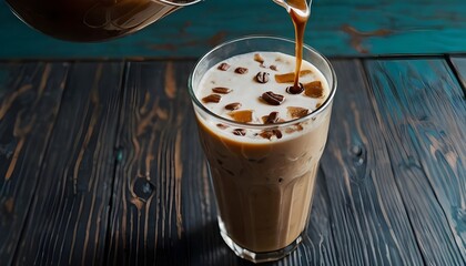 Pouring Milk into Iced Coffee: A Stylish Contrast on a Dark Grunge Teal Wooden Table with Ample Copy Space