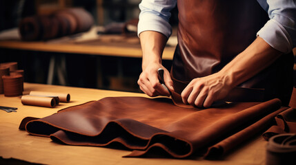 A craftsman carefully works with high-quality leather on a wooden table in a traditional workshop setting.