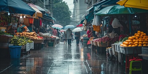 Shoppers at an outdoor marketplace with umbrellas on a rainy day