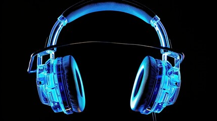 Neon headphones for musical and podcasting concept. Black background isolated with futuristic and modern look. - obrazy, fototapety, plakaty