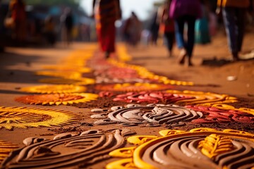Dynamic sand mandala art on a street with people walking in the background