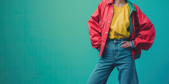 Retro 1990s fashion with colorful clothing. Model standing on blank background with copy space