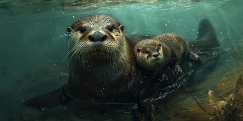 Father otter with baby cub. Parenting concept in the animal kingdom