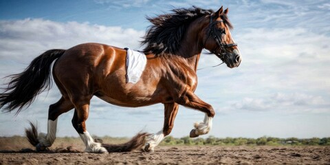 a brown horse galloping on a dirt field under a blue sky with wispy wispy clouds.