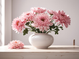 Showcasing Pink Chrysanthemum Flowers in White Vase on White