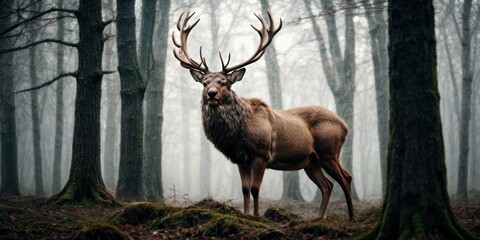 a deer standing in the middle of a forest with lots of trees in the foreground and fog in the background.