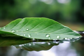 closeup green leaf with blurry background of water beneath leaf. Generative AI
