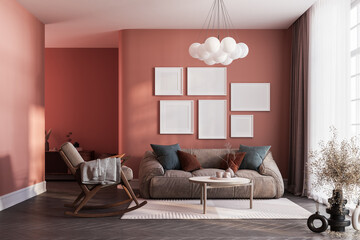 Poster frame mock-up in home interior background, living room in red tones,