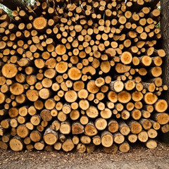 A pile of felled trees. Preparation of firewood. Generative AI