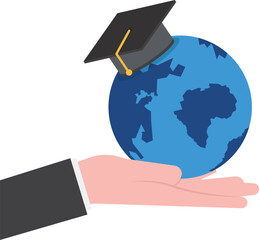 Study abroad world education curriculum, overseas school, college and university or international academic concept, success graduated student holding globe shape wearing academic mortarboard hat.


