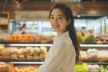 Confident Woman in White Shirt Owns Supermarket
