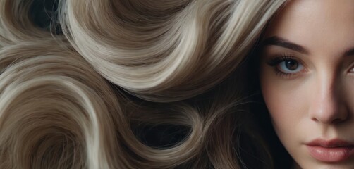 a close up of a woman's face with long blonde hair on top of her head and one half of her face to the side. - obrazy, fototapety, plakaty