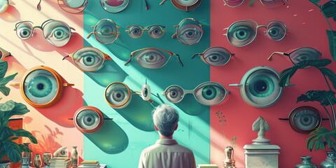 Optical concept with eyes hanging on the  wall and man standing with back to camera