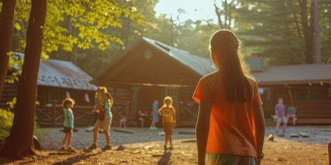 Summer camp concept with camp counselor and kids camping in the woods