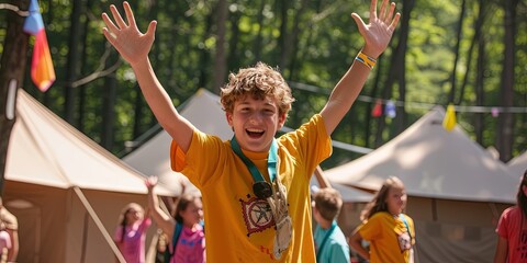 Summer camp concept with camp counselor and kids camping in the woods