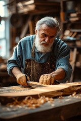 Skilled elderly artisan woodworker creating in a sunlit workshop, surrounded by tools and wood pieces.