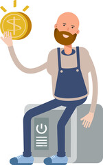Male Barista Character Sitting on Safe and Holding Dollar Coin
