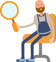 Male Barista Character Sitting and Holding Magnifier
