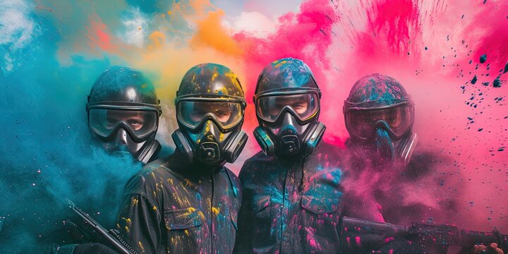 Paintball concept with person wearing full protective gear while holding paintball gun ready to play