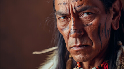 Grief's Burden: Native American Man Conveying Sadness and Grief, Isolated Against Solid Background with Copy Spac