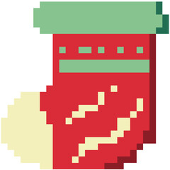 Cute sock, Christmas ornament, pixel art style, element, festive theme of winter, Holiday party vibe, simple illustration.