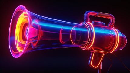 Neon lit megaphone for marketing, SEO, social media, and public relations concept