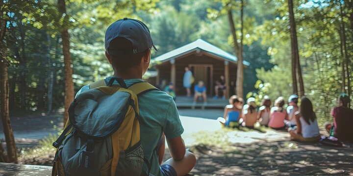 Summer camp concept with camp counselor and kids camping in the woods