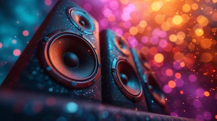 Papier Peint photo Magasin de musique speaker on a blue background, Disco party vibe Colorful speakers in the background creating excitement, Electrifying Night A Black, Pink, Blue, and Yellow Music Party Speakers, Ai generated image