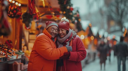 Holiday Cheer: Affectionate Senior Couple Enjoying a Christmas Market