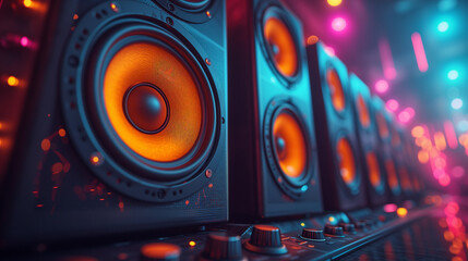 audio speaker and speakers, Disco party vibe Colorful speakers in the background creating excitement, Electrifying Night A Black, Pink, Blue, and Yellow Music Party Speakers, Ai generated image