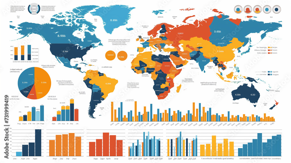 Poster world map with graphs and charts, graphs and charts in many page on the table no text and white back