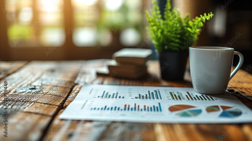 Poster graphs and charts in many page on the table no text and white background, ai generated image