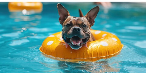 dog floating on a pool floatie