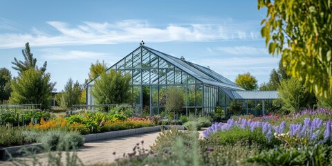 Greenhouse filled with plants growing a garden in a controlled environment